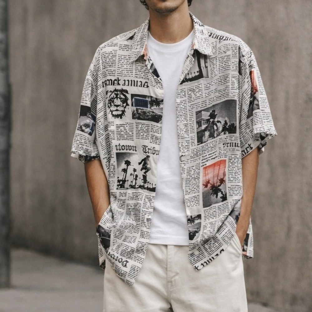 No Boundaries Mens Newspaper Print Button Front Shirt 2XL Streetwear Y2K Art